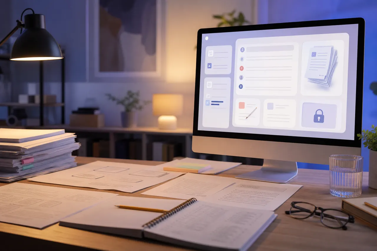 AI workflow planning desk with calm abstract cards